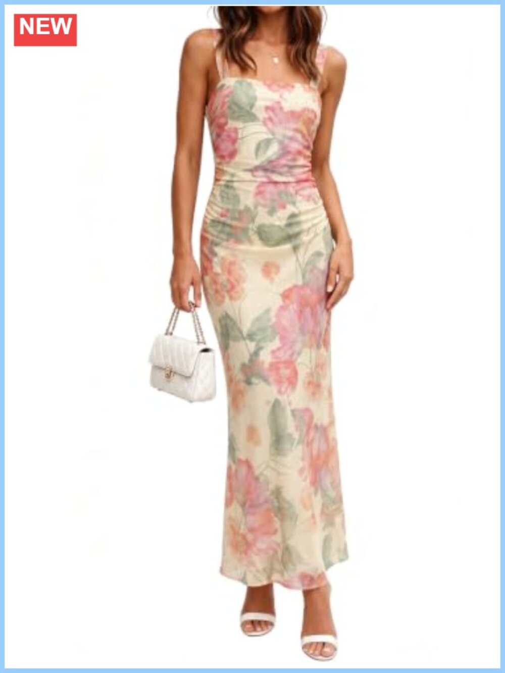 Mesh Ruched Bodycon Maxi Dress Sleeveless Square Neck Wedding Guest